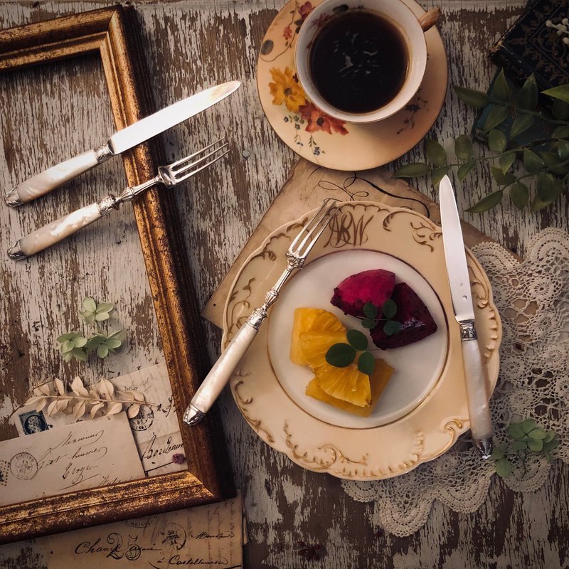 French Art Nouveau period century-old mother-of-pearl handle-sterling silver knife and fork set - ช้อนส้อม - เงินแท้ ขาว