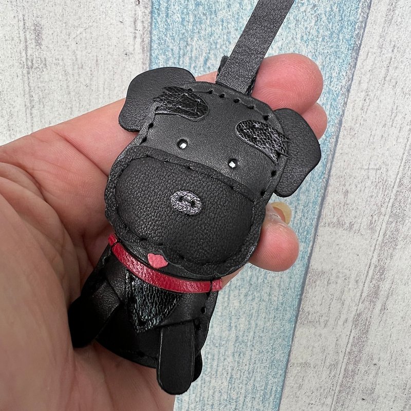 Small Healing Handmade Leather Black Cute Schnauzer Hand-sewn Pendant Small Size - Charms - Genuine Leather Black