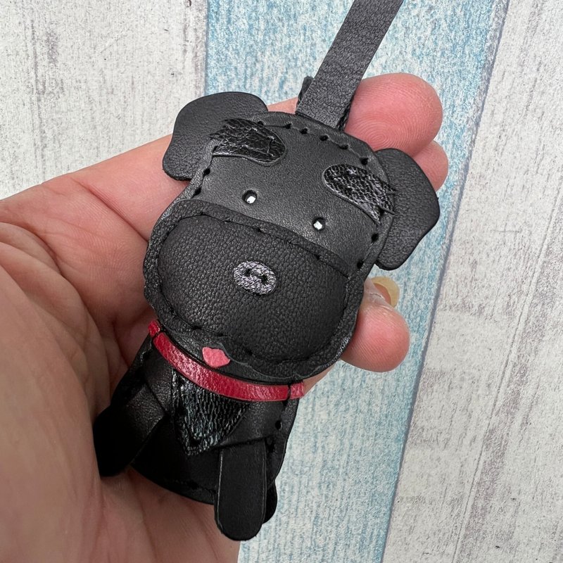 Small Healing Handmade Leather Black Cute Schnauzer Hand-sewn Pendant Small Size - พวงกุญแจ - หนังแท้ สีดำ