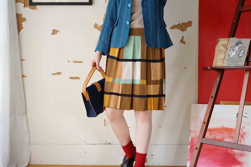 Treasure Hunt Vintage-Color Block Jacquard Knit One-Fifth Knee Skirt - กระโปรง - เส้นใยสังเคราะห์ สีกากี