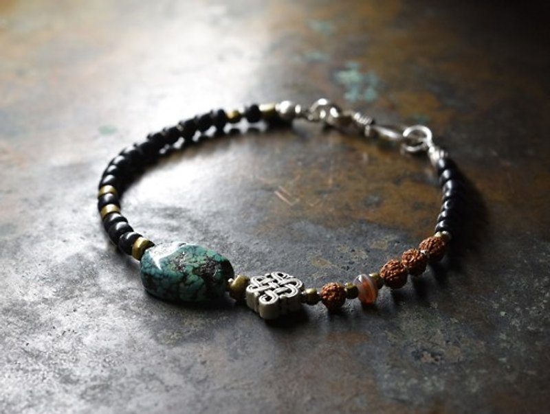 old Tibetan turquoise and endless knot, Rudraksha, ancient agate black breath