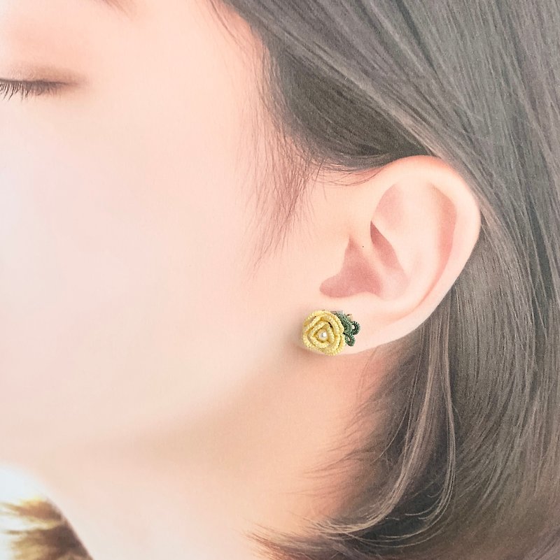 3-D rose Collection: Tatted rose earrings/ yellow/ gift/ hypoallergenic - Earrings & Clip-ons - Cotton & Hemp Yellow