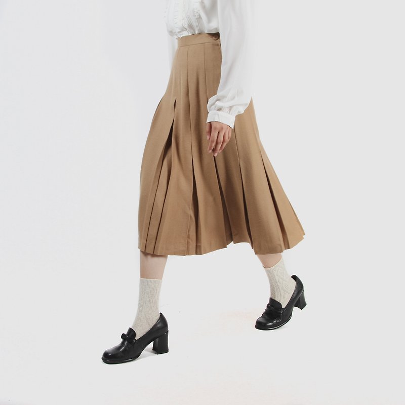[Egg plant vintage] cappuccino pleated wool vintage dress - Skirts - Wool Brown