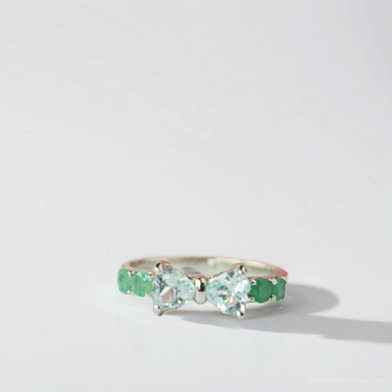 天然拓帕石戒指，側邊鑲嵌祖母綠，純銀戒台，蝴蝶結設計 RR068 - 戒指 - 純銀 綠色