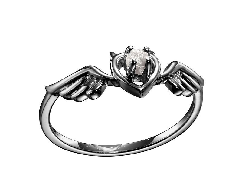 Angel Wing Ring, Sacred Heart Diamond Ring, 9K Gold Raw Diamond Ring, Black Ring - General Rings - Diamond Black