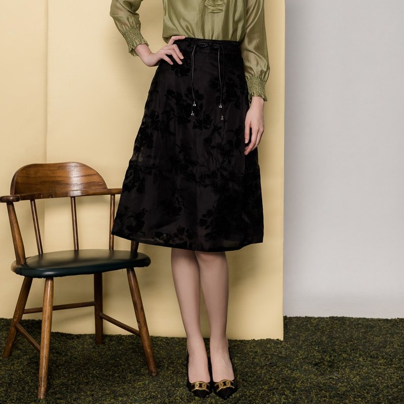 【MEDUSA】Chinese Frog Button Black Jacquard Skirt - Skirts - Polyester Black