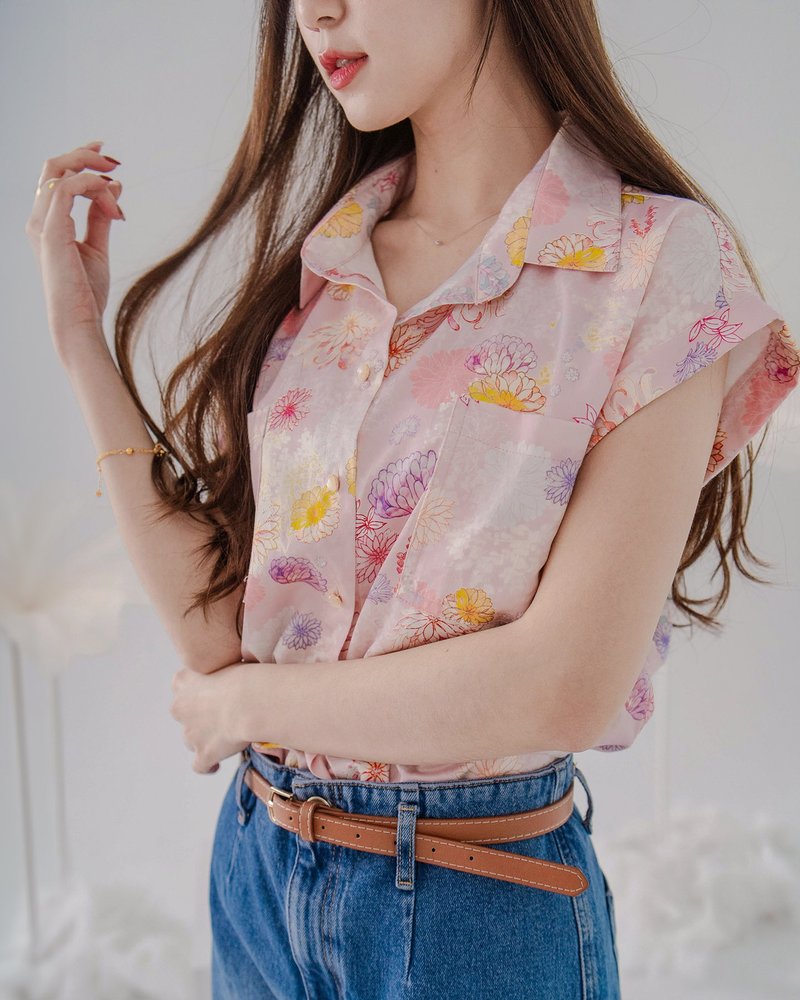 [Boli Print] Hepburn Style Reversed Cuffs Summer Long Shirt Modal Cotton Tianxiang Color - Women's Shirts - Cotton & Hemp Pink