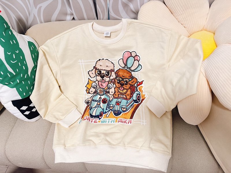 【Custom Hand-drawn Pet】Let's Ride Together / Long-sleeve Sweatshirt - Unisex Hoodies & T-Shirts - Cotton & Hemp Khaki