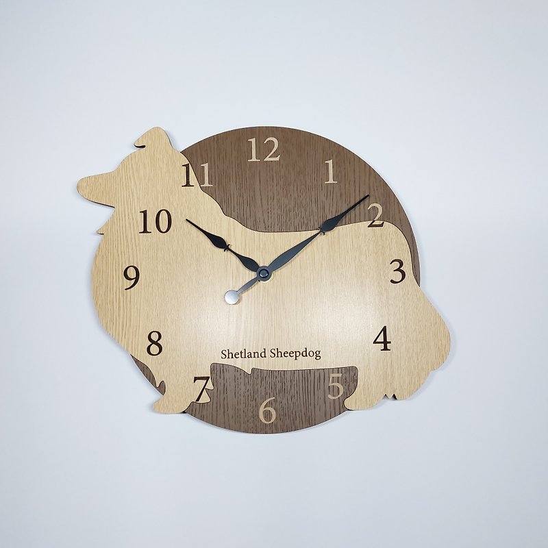 Limited time big discount of 3000 yen off Personalized dog wall clock Sheltie beige silent clock - นาฬิกา - ไม้ 