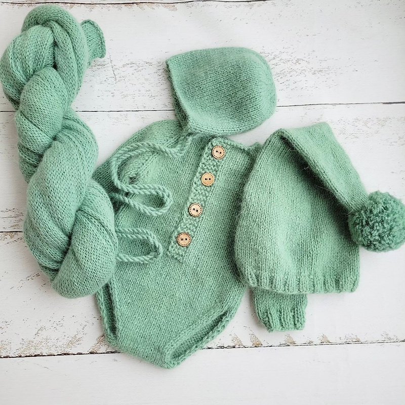 Sage green fluffy bonnet, romper, wrap. Newborn photo props. - Baby Accessories - Wool Green