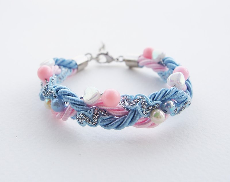 Pink & Blue pastel bead-braided bracelet - สร้อยข้อมือ - วัสดุอื่นๆ สีน้ำเงิน