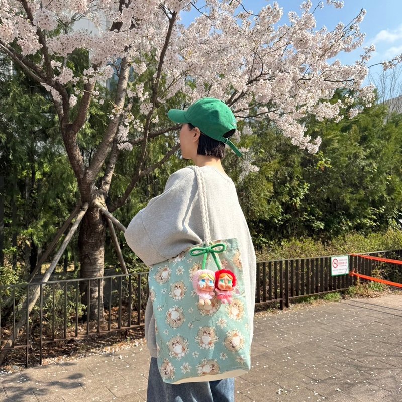 new/花路包-百合花/單肩/通勤/水桶/布包/麻繩帆布 托特包 - 側背包/斜背包 - 棉．麻 藍色