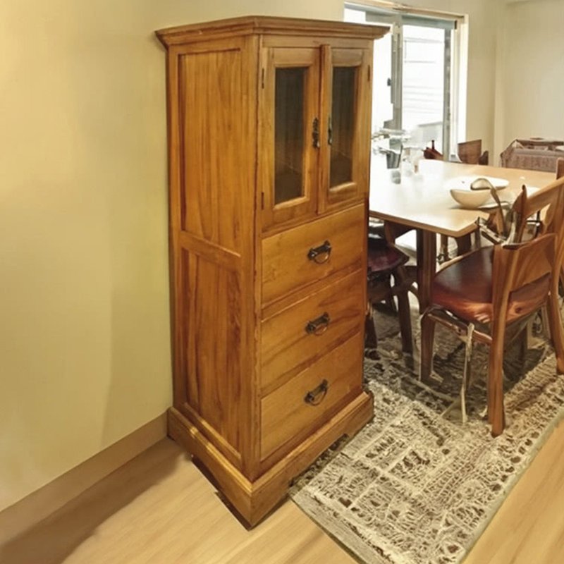 【Jidi Cityチークの木100％家具】UNC1-27FS1チークの木ガラス両開き扉3段引き出し収納キャビネット - 本棚・ブックスタンド - 木製 