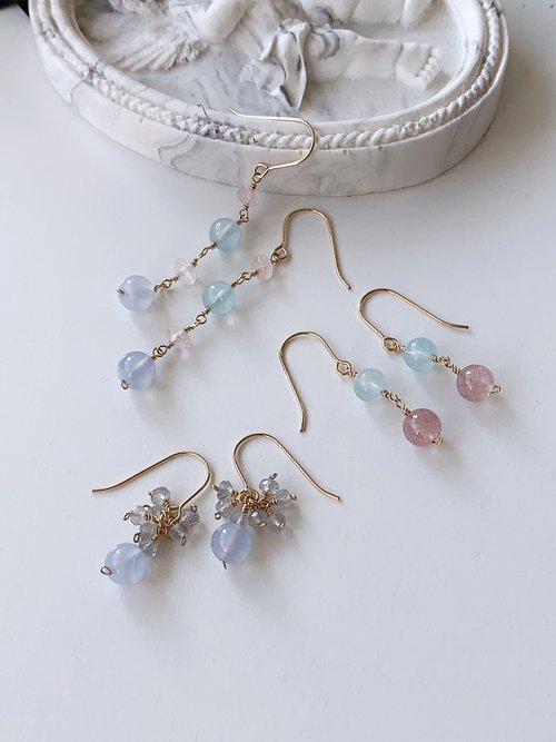 ドリームウィービング/ピンククリスタルブルー瑪瑙アクアマリン/ 14kgf手作りイヤリング - ショップ muguet-gemstone  ピアス・イヤリング - Pinkoi