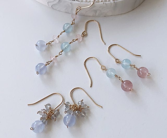 ドリームウィービング/ピンククリスタルブルー瑪瑙アクアマリン/ 14kgf手作りイヤリング - ショップ muguet-gemstone  ピアス・イヤリング - Pinkoi