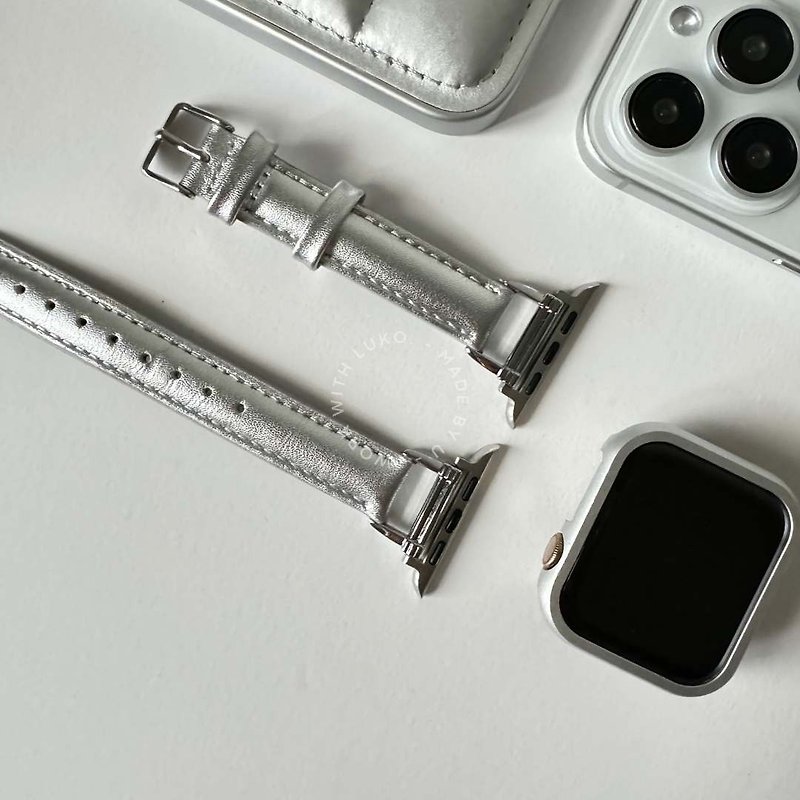 Apple Watch | Customized feel | Pure silver minimalist soft leather strap - สายนาฬิกา - สแตนเลส 