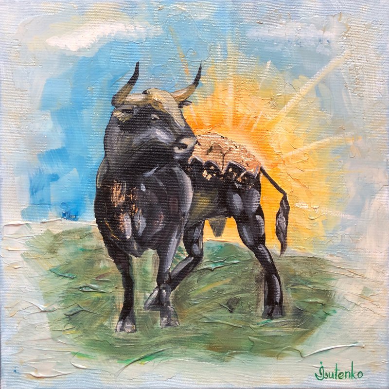 Bull Painting Animal Original Art Farm Animal Oil Artwork Taurus Wall Art - 海報/掛畫/掛布 - 其他材質 黑色