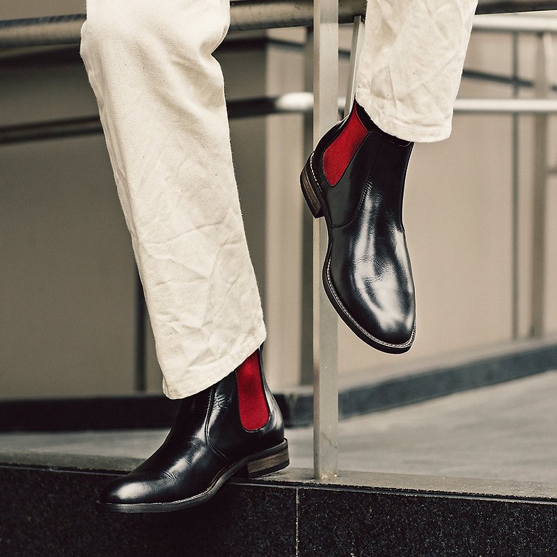 Vanger British Fun Color Jumping Chelsea Boots - Va260 Black/Red Belt - Men's Casual Shoes - Genuine Leather Black