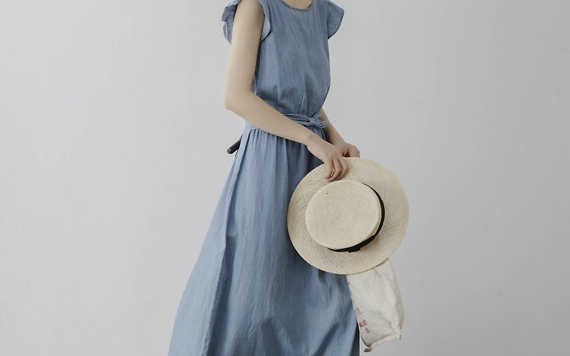 French retro summer fresh denim cotton small fly sleeve long dress - ชุดเดรส - ผ้าฝ้าย/ผ้าลินิน สีน้ำเงิน