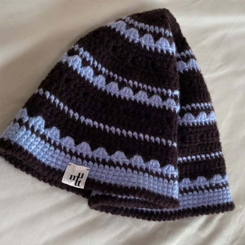 Striped Bucket Hat, Brown Blue (Spring/Fall) - 帽子 - 羊毛 咖啡色