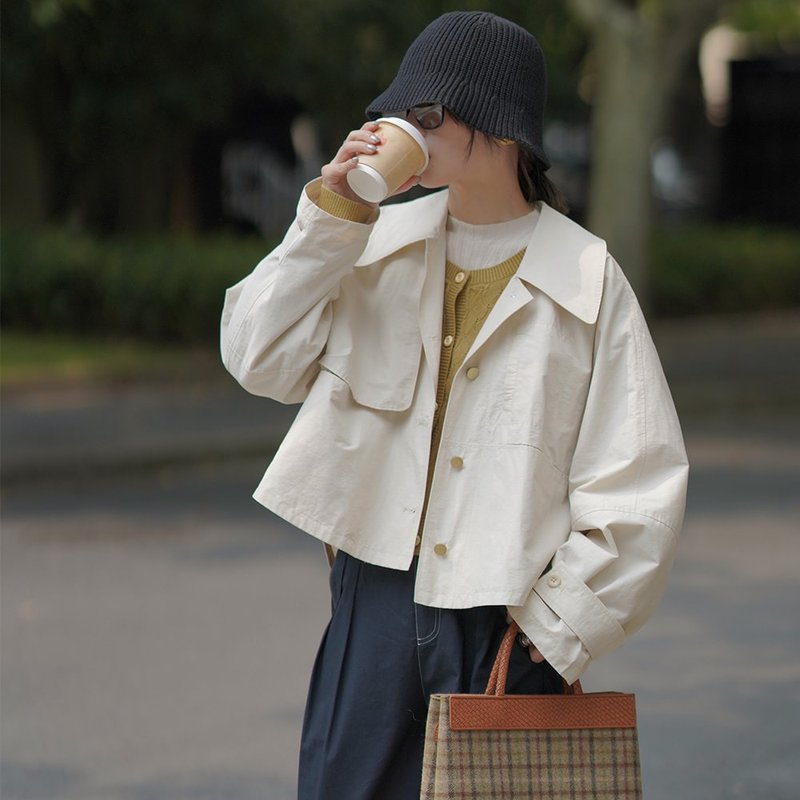 法式寬松短款風衣外套|外套|兩色|夏秋款|Sora-1019 - 女大衣/外套 - 棉．麻 多色