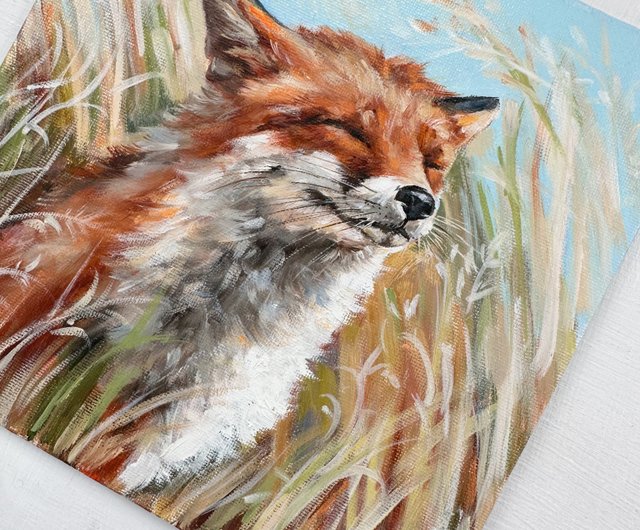 キツネの油絵 キツネアート 小さな絵 キツネのアートワーク