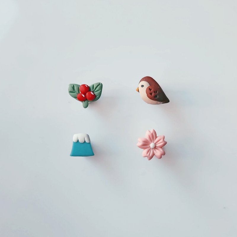 bi birdy //Small fresh Mt. Fuji・Sakura・Bird・fruit handmade soft pottery earrings - Earrings & Clip-ons - Clay Multicolor