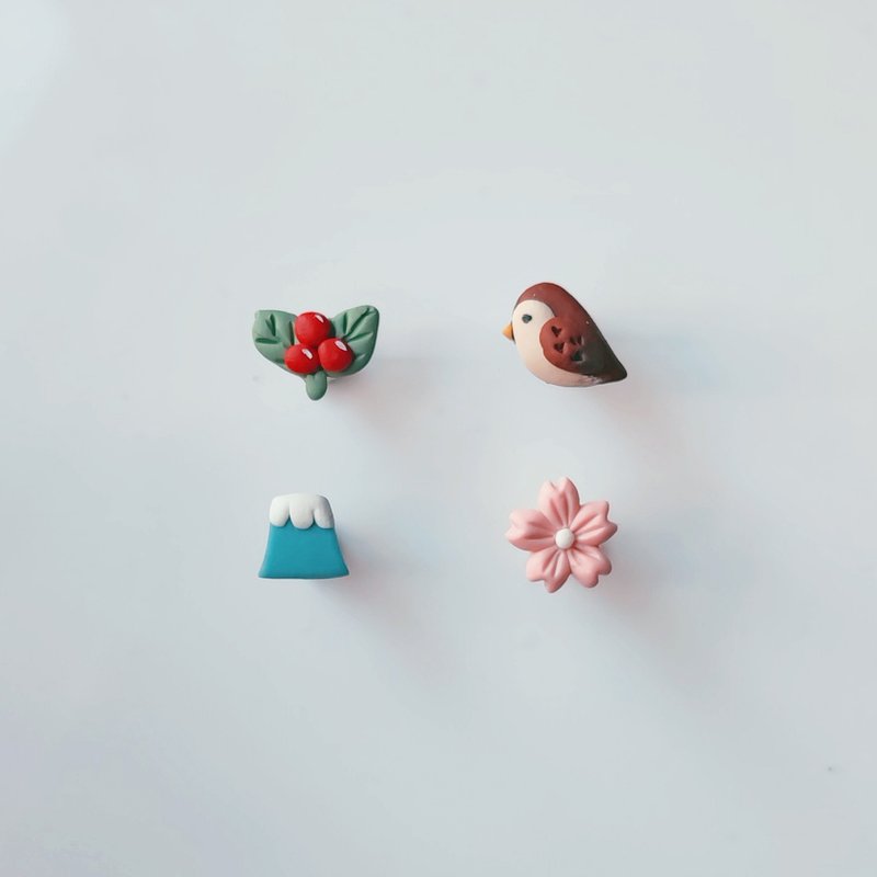 bi birdy //小清新富士山・櫻花・鳥・果手工軟陶小耳釘 - 耳環/耳夾/耳骨夾 - 黏土 多色