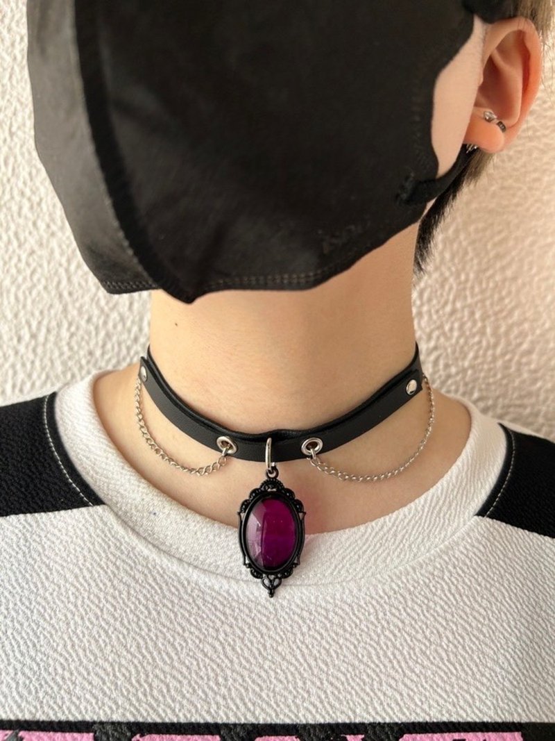 カメオチェーンチョーカー/ブラック/ホワイト/Fサイズ/hellcatpunks/hcp-ac-0279 - 頸鏈 - 人造皮革 黑色