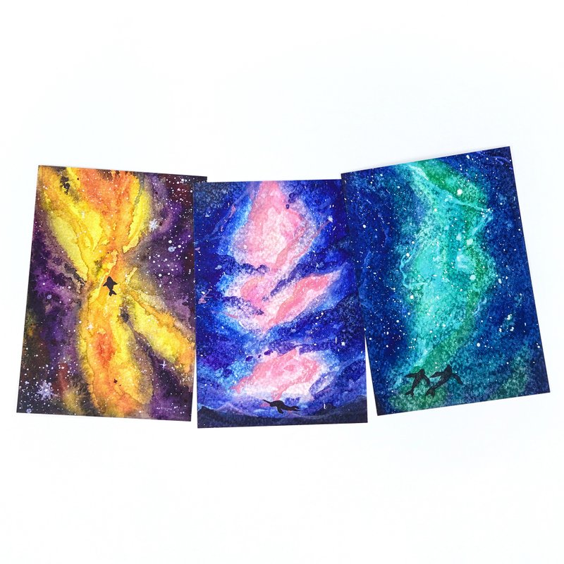 【 宇宙星河】水彩插畫 明信片 一套全三款 複製畫 鯨星空 - 卡片/明信片 - 紙 多色
