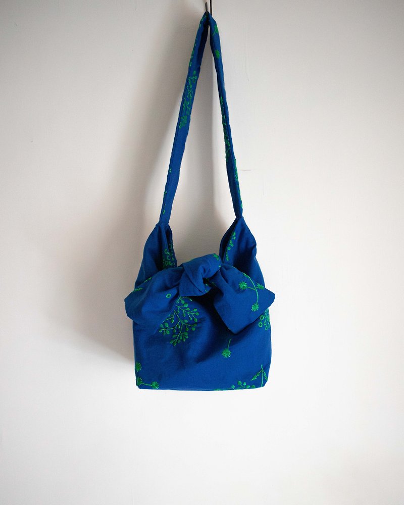 Tie a Knot Shoulder Bag | Blue Embroidery - Messenger Bags & Sling Bags - Cotton & Hemp Blue