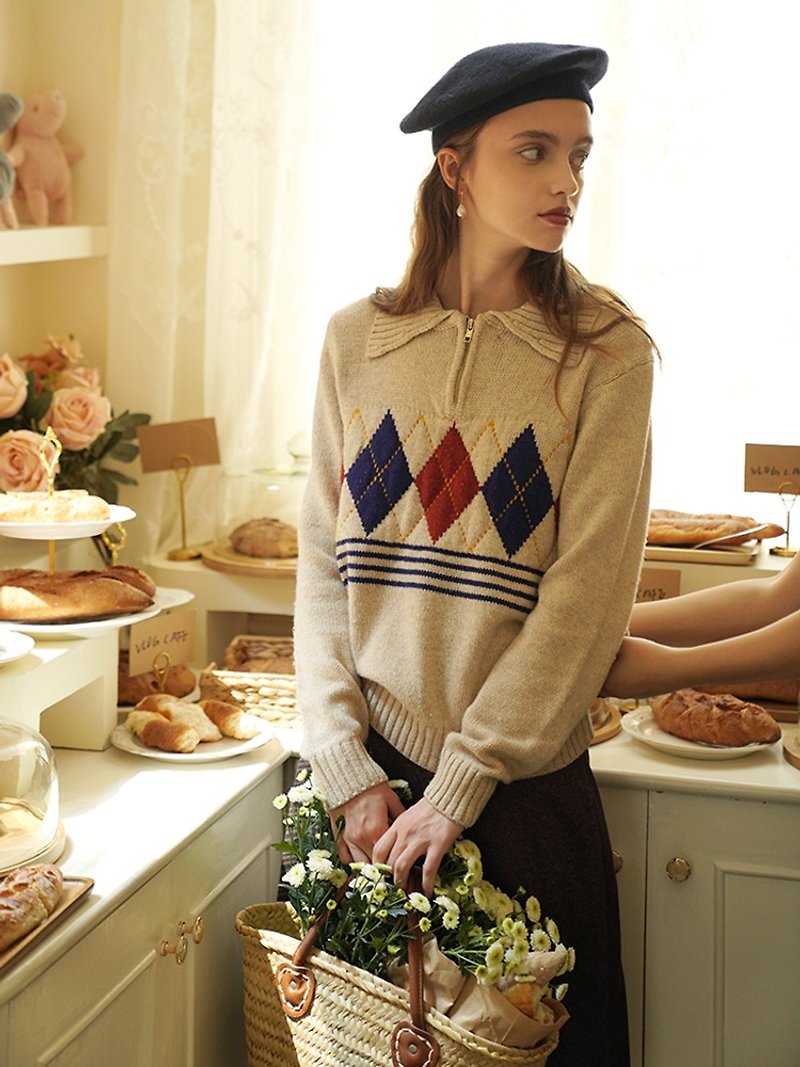 Mintcheese Vintage colorway oatmeal ringer zipper wool sweater - สเวตเตอร์ผู้หญิง - ขนแกะ สีกากี