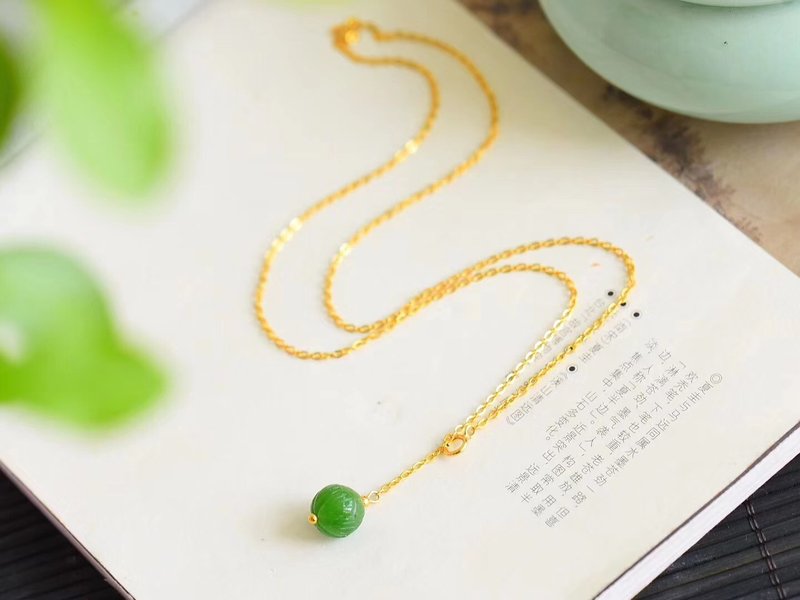 [Welfare price] natural jasper lotus bead clavicle chain / with 925 sterling silver K gold plated chain / simple and exquisite - Necklaces - Jade 