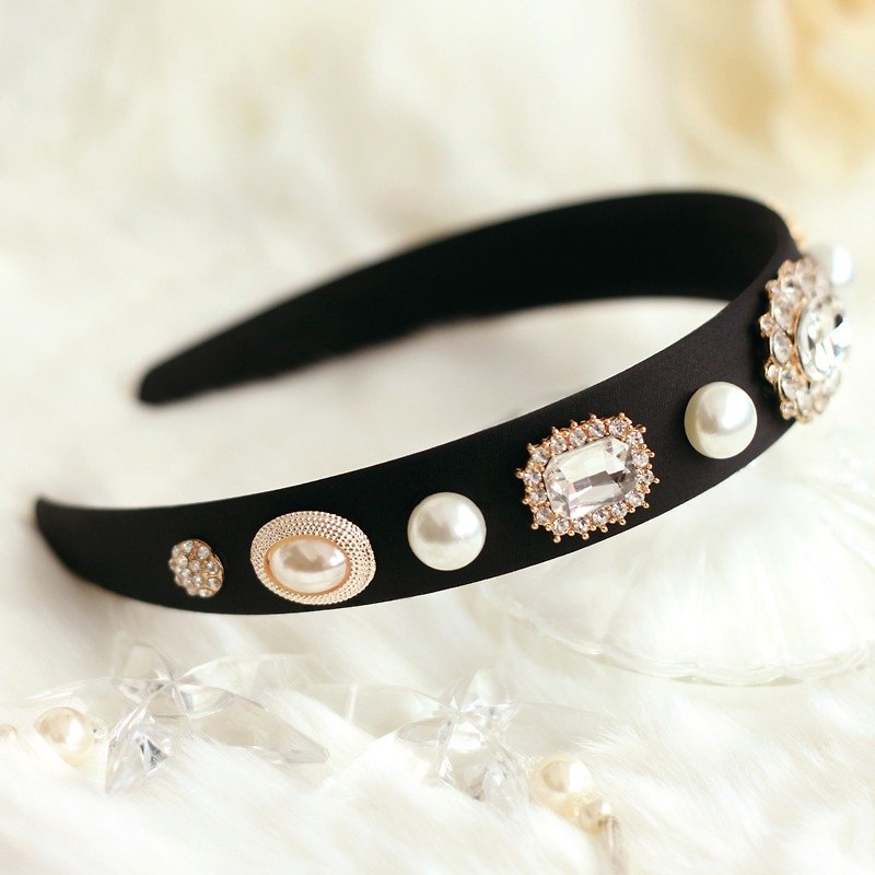 Princess Style Accessorized Headband - เครื่องประดับผม - ผ้าฝ้าย/ผ้าลินิน สีดำ