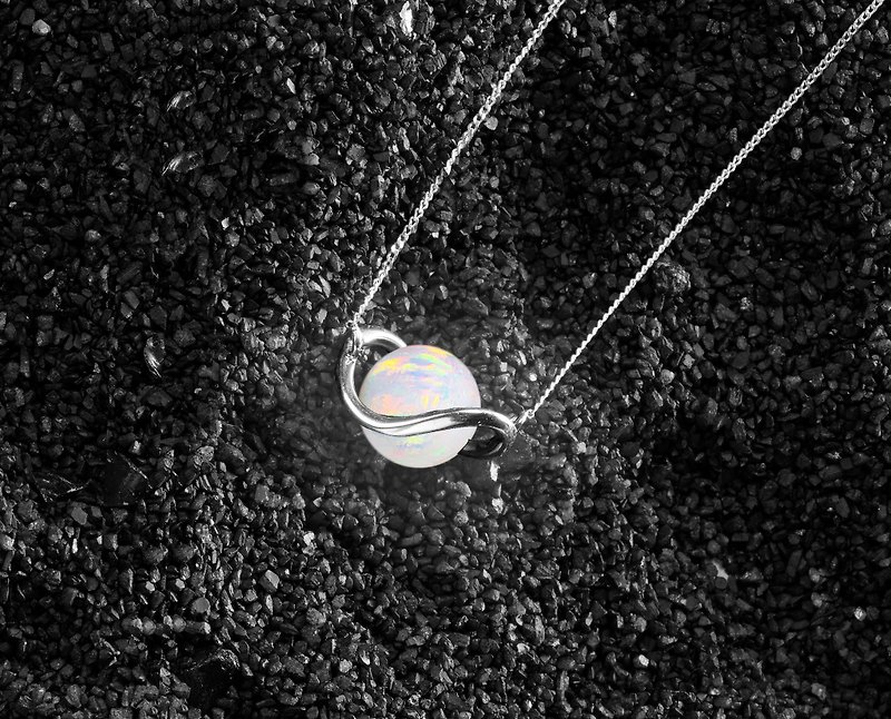 Opal galaxy pendant-14k white gold planet minimalist necklace-Space universe