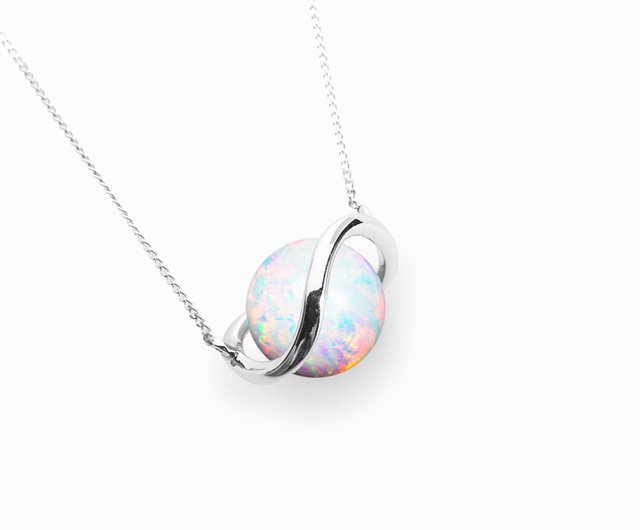 Opal galaxy pendant-14k white gold planet minimalist necklace