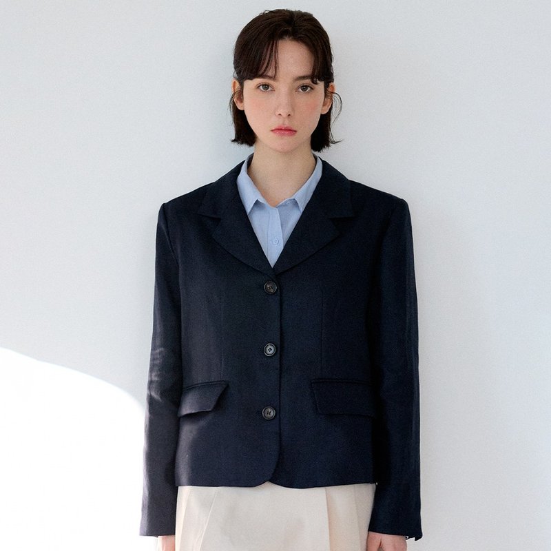 Korea sisterhood, Basic Linen Jacket Short - Navy - 女大衣/外套 - 棉．麻 藍色