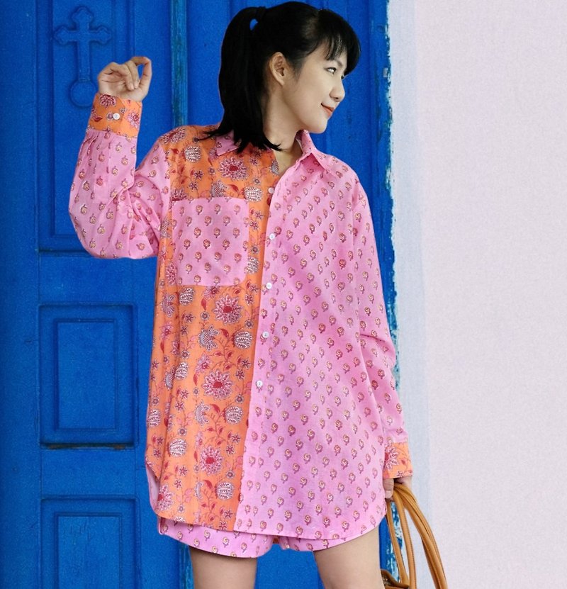 Chaya Shirt (Indian Hand Block Print fabric)- Pink and Orange - 女襯衫 - 棉．麻 橘色