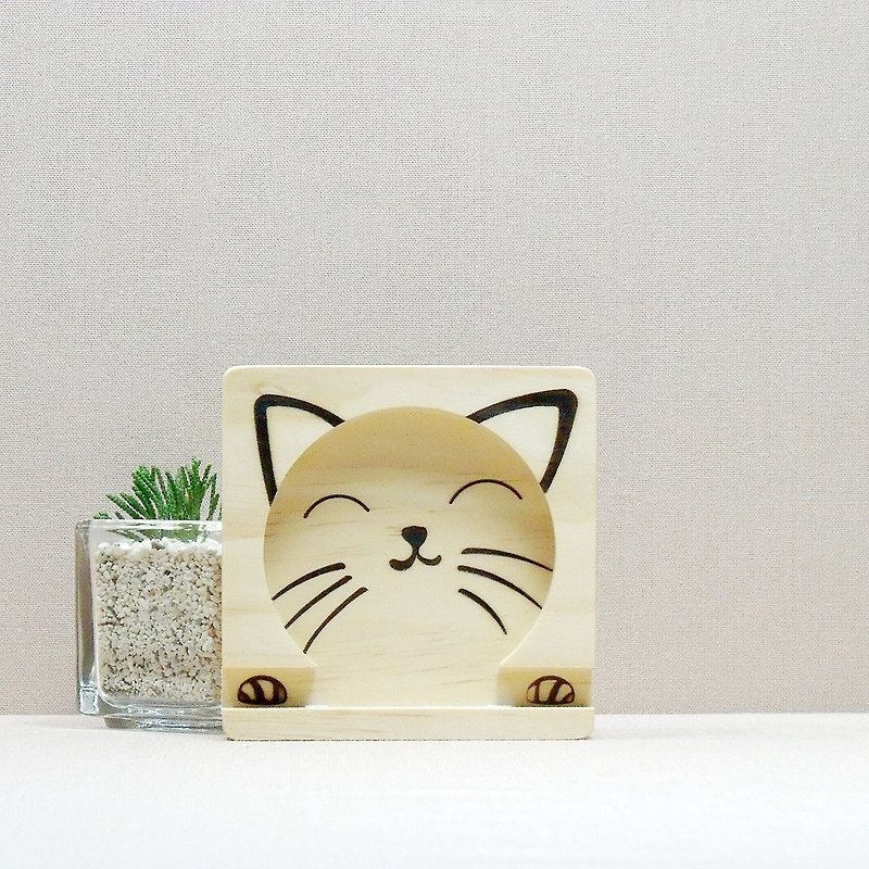 Cat Cat Meow Lucky Cat Phone Holder Coaster Business Card Holder Customized Name - Items for Display - Wood Brown