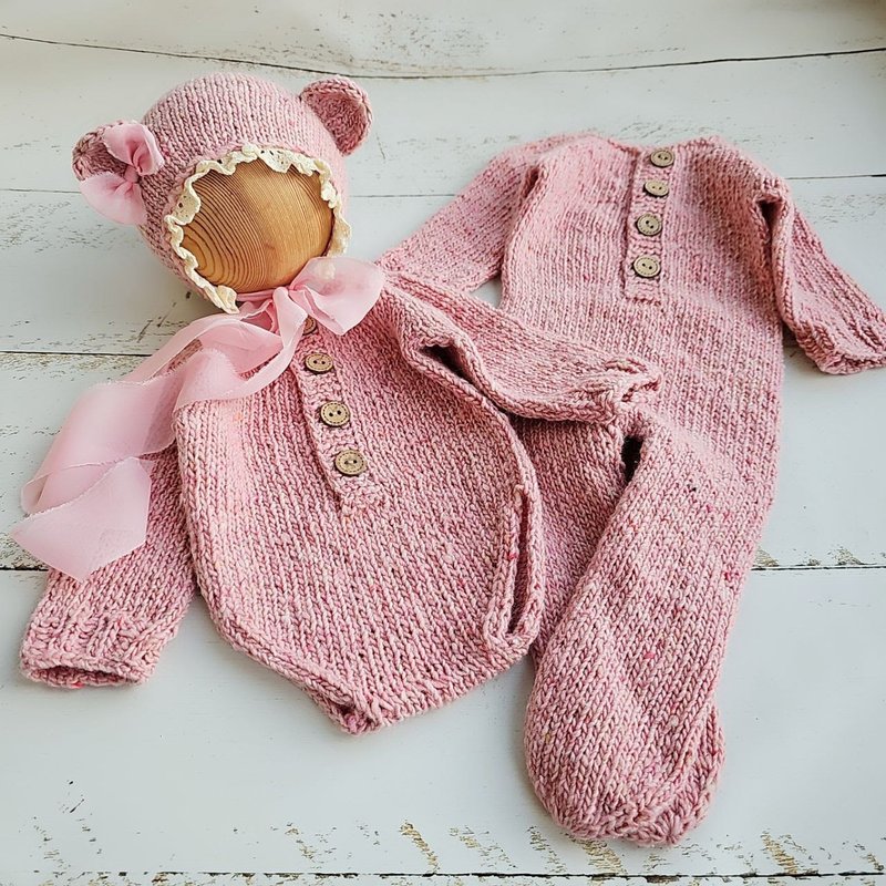 Newborn tweed Bonnet, romper, outfit, pillow / Photo props - 嬰兒手鍊/飾品 - 羊毛 粉紅色