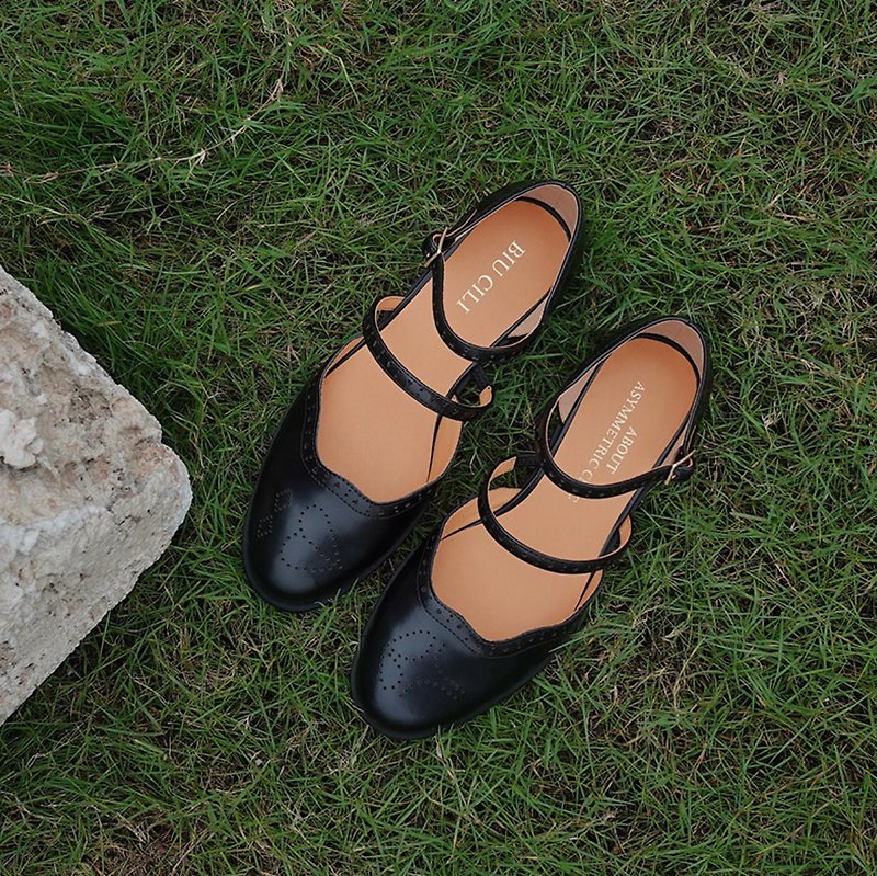 Vintage Film French Hollow Mary Jane Shoes - รองเท้ารัดส้น - หนังแท้ สีดำ