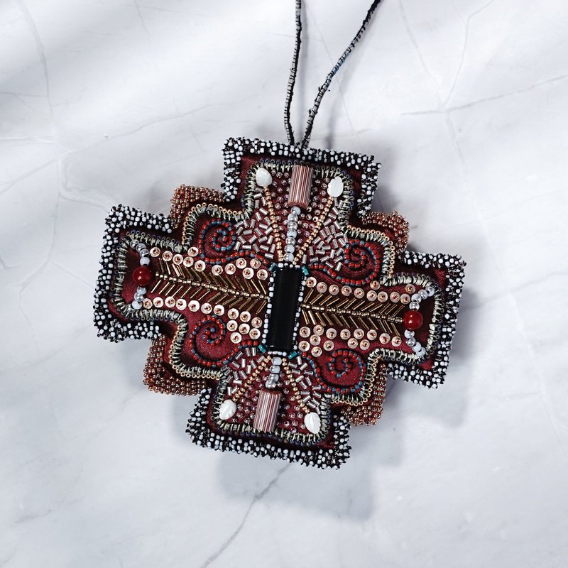 Beaded Cross Ornament No.3– Burgundy and Black | Unique Shape | One of a Kind - Items for Display - Polyester Purple