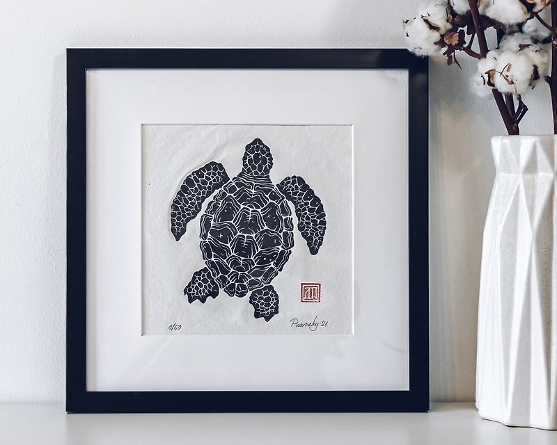 งานศิลปะต้นฉบับ - เต่าทะเล การพิมพ์บล็อกทำมือ ลิมิเต็ด อิดิชั่น - ตกแต่งผนัง - กระดาษ สีดำ