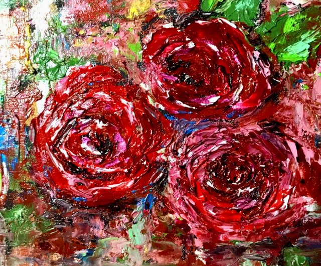 赤いバラのオリジナル油絵、キャンバスに描かれた抽象的な背景、厚塗り