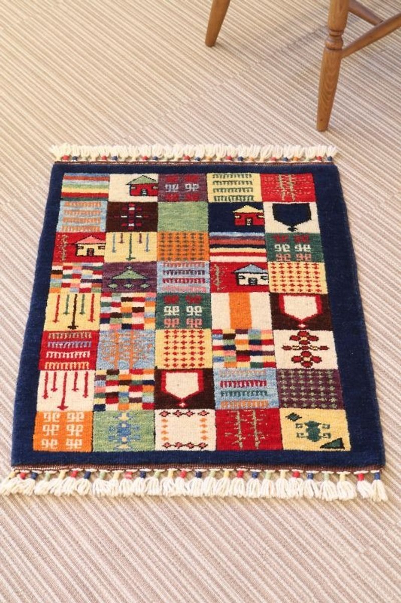 ネイビー 手織り 絨毯 ポイントラグサイズ 玄関マット 羊毛&草木染め 72×62cm - 絨毯・カーペット - その他の素材 ブルー