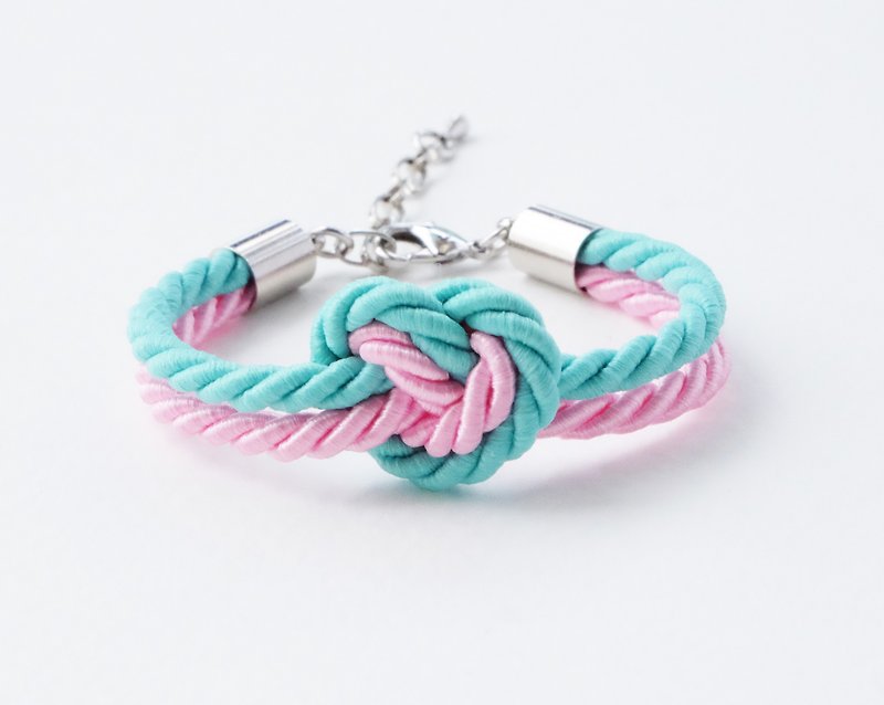 Matte mint & pink heart knot bracelet - สร้อยข้อมือ - วัสดุอื่นๆ สึชมพู