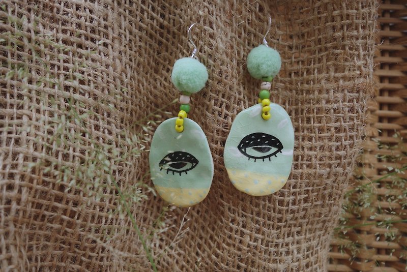 Handmade ceramic green earring paint eye :) - Earrings & Clip-ons - Pottery Green