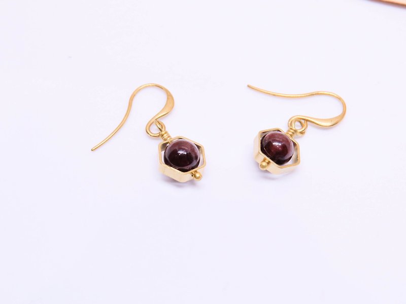 Hexagonal box natural stone brass earrings - Earrings & Clip-ons - Gemstone 
