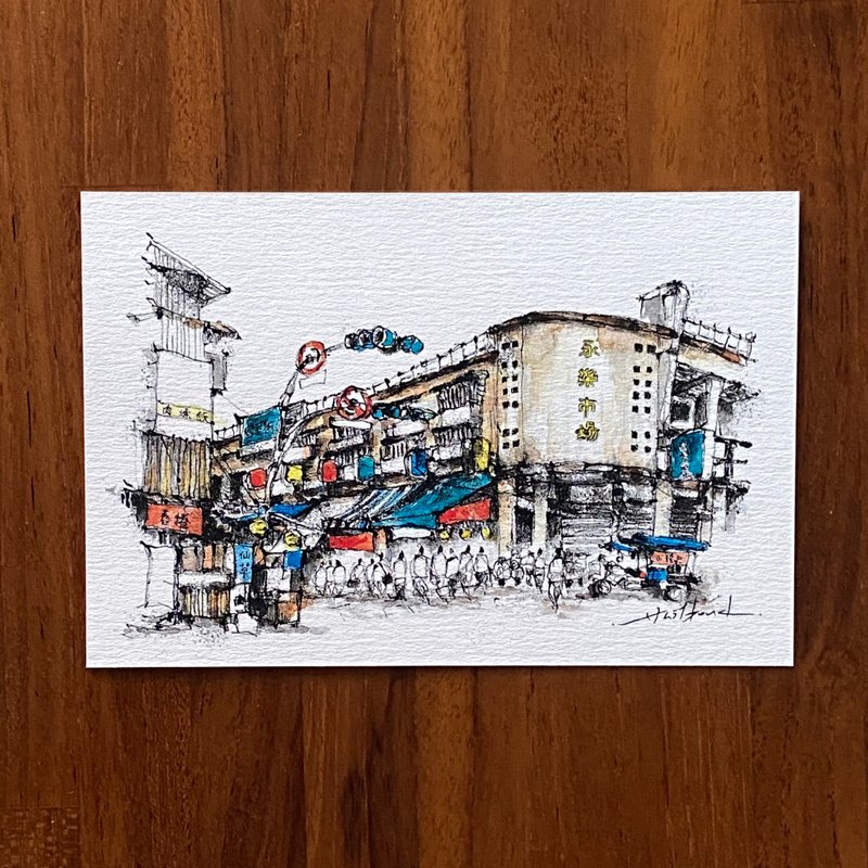 枯枝筆速寫 台南景點 永樂市場 水彩 插畫 手繪明信片 - 卡片/明信片 - 紙 