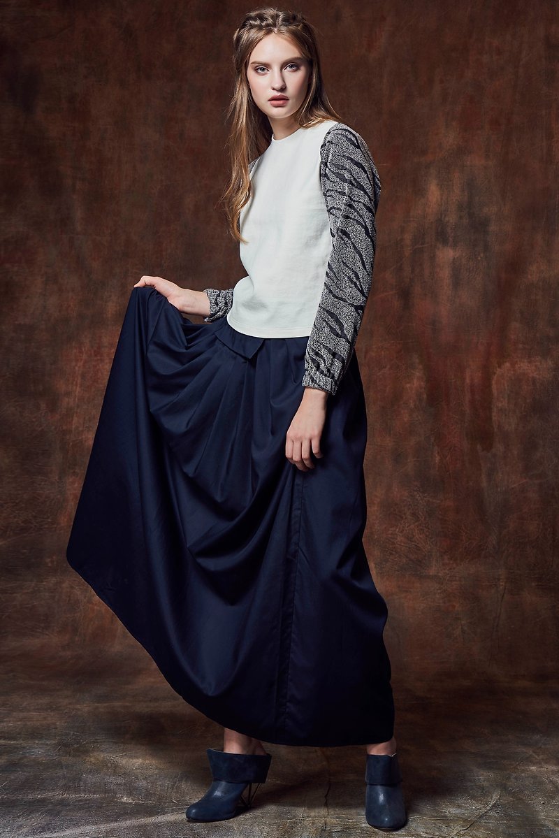 100% long skirt front pocket - กระโปรง - ผ้าฝ้าย/ผ้าลินิน สีน้ำเงิน